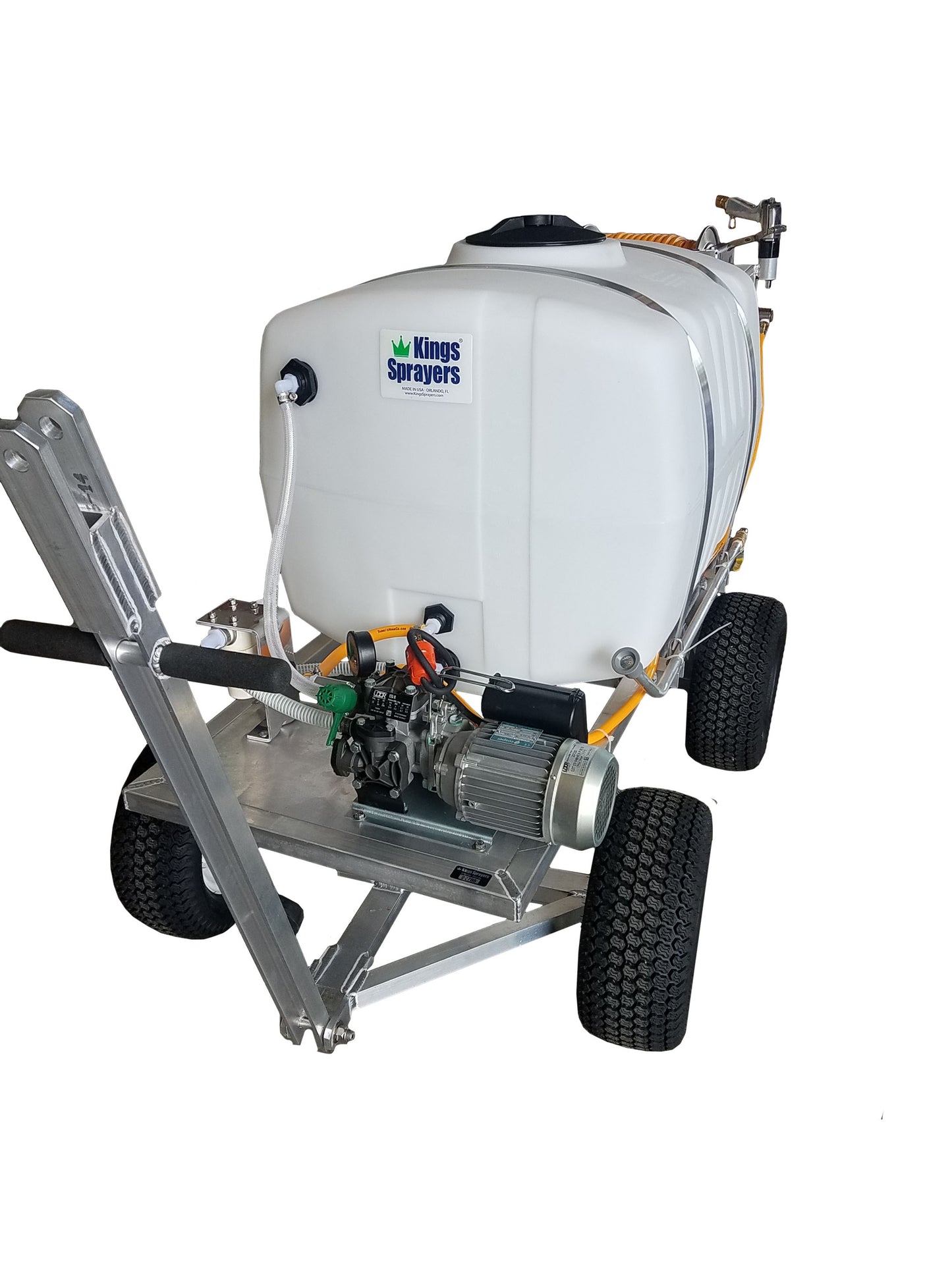 Kings Sprayers 100 Gallon Electric 4-Wheel Sprayer w/ 4.5 GPM 115V Diaphragm Pump & Manual Hose Reel with 300' of 3/8" ID Hose