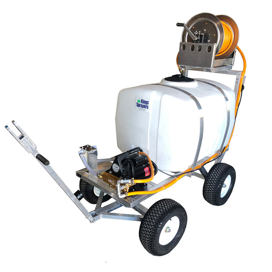 Kings Sprayers 100 Gallon "Atomization" Electric 4-Wheel Sprayer w/ 500 PSI Pumptec 120V Pump & Manual Hose Reel with 300' of 3/8" ID Hose